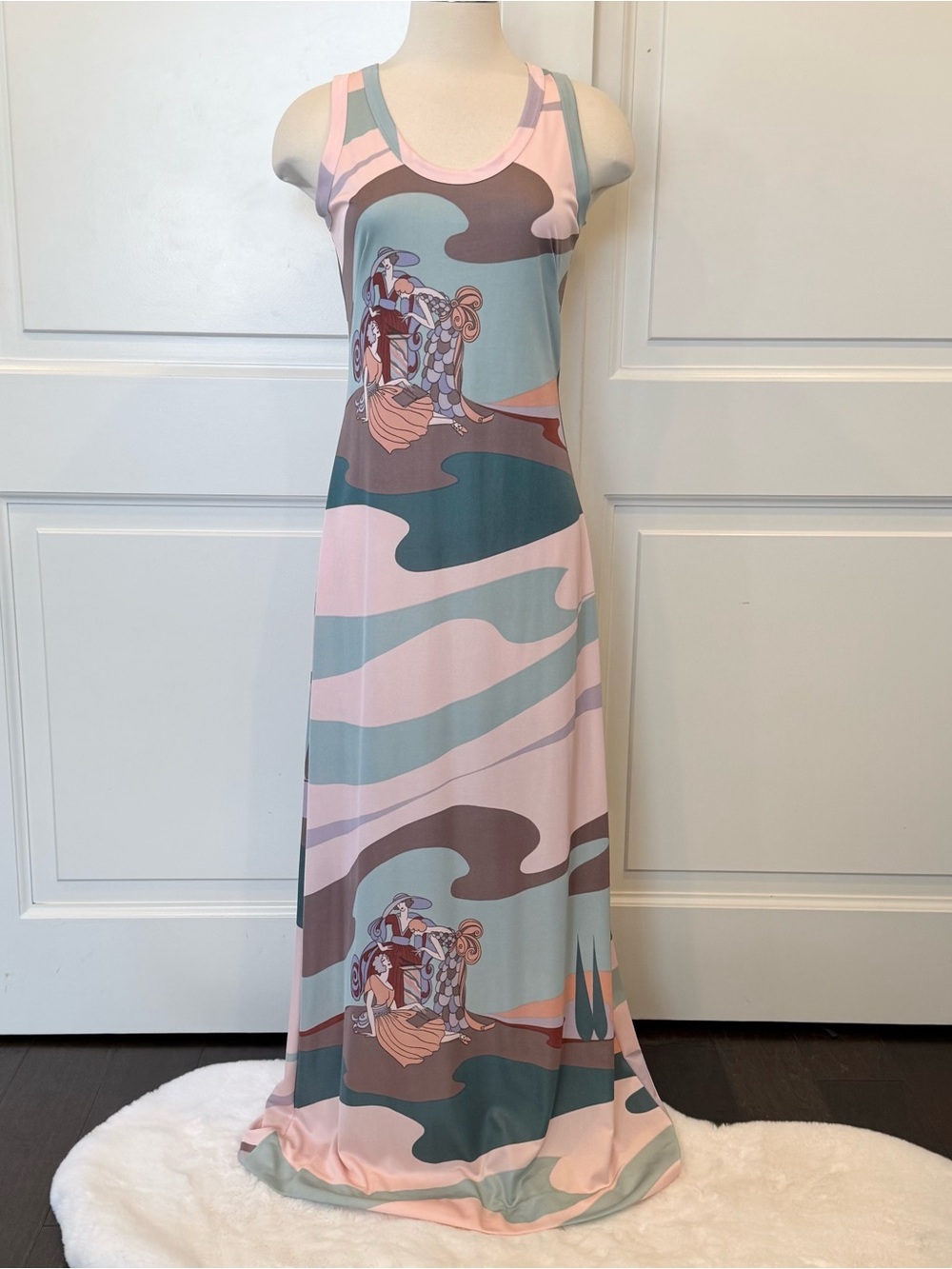 Amazing Vintage Art Nouveau Print Pink 60s 70s Maxi Column Gown Sleeveless Dress - Picture 6 of 10